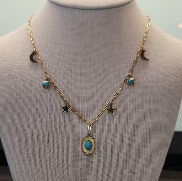 Gold and Blue Celestial Necklace with Charms 18k Gold Plated Stainless Steel